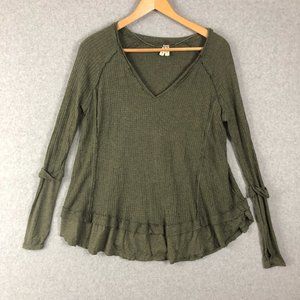 Free People V Neck Waffle Knit Thermal Green Ruffle Top Size XS